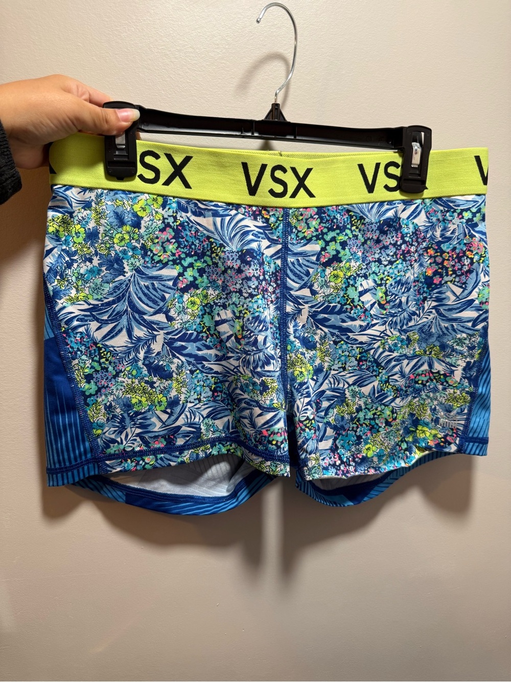 Victoria's Secret VSX Blue Floral Bike Shorts with Neon Yellow Waistband Large